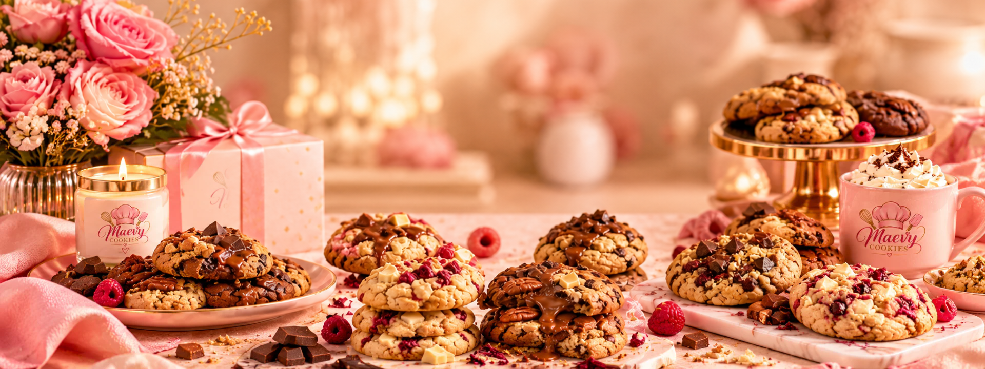 Coffrets roses, cookies, roses et tasse Maevy Cookies posés sur une table gourmande