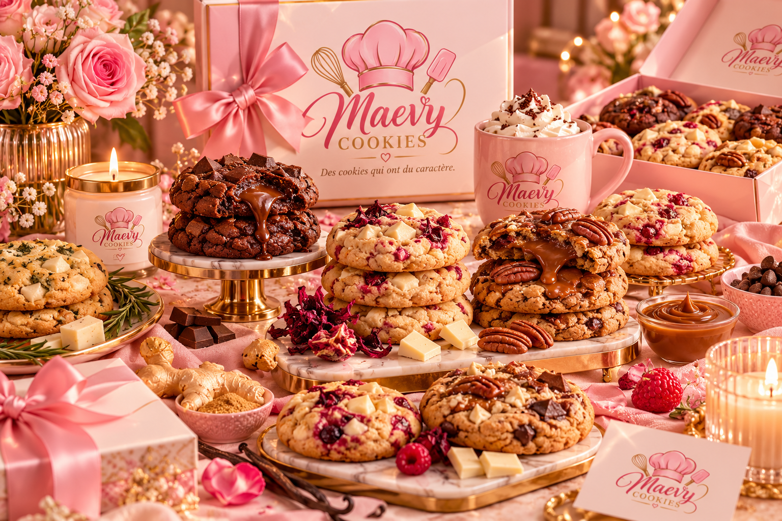 Table garnie de coffrets Maevy Cookies, de roses, de cookies coulants et d'une tasse rose